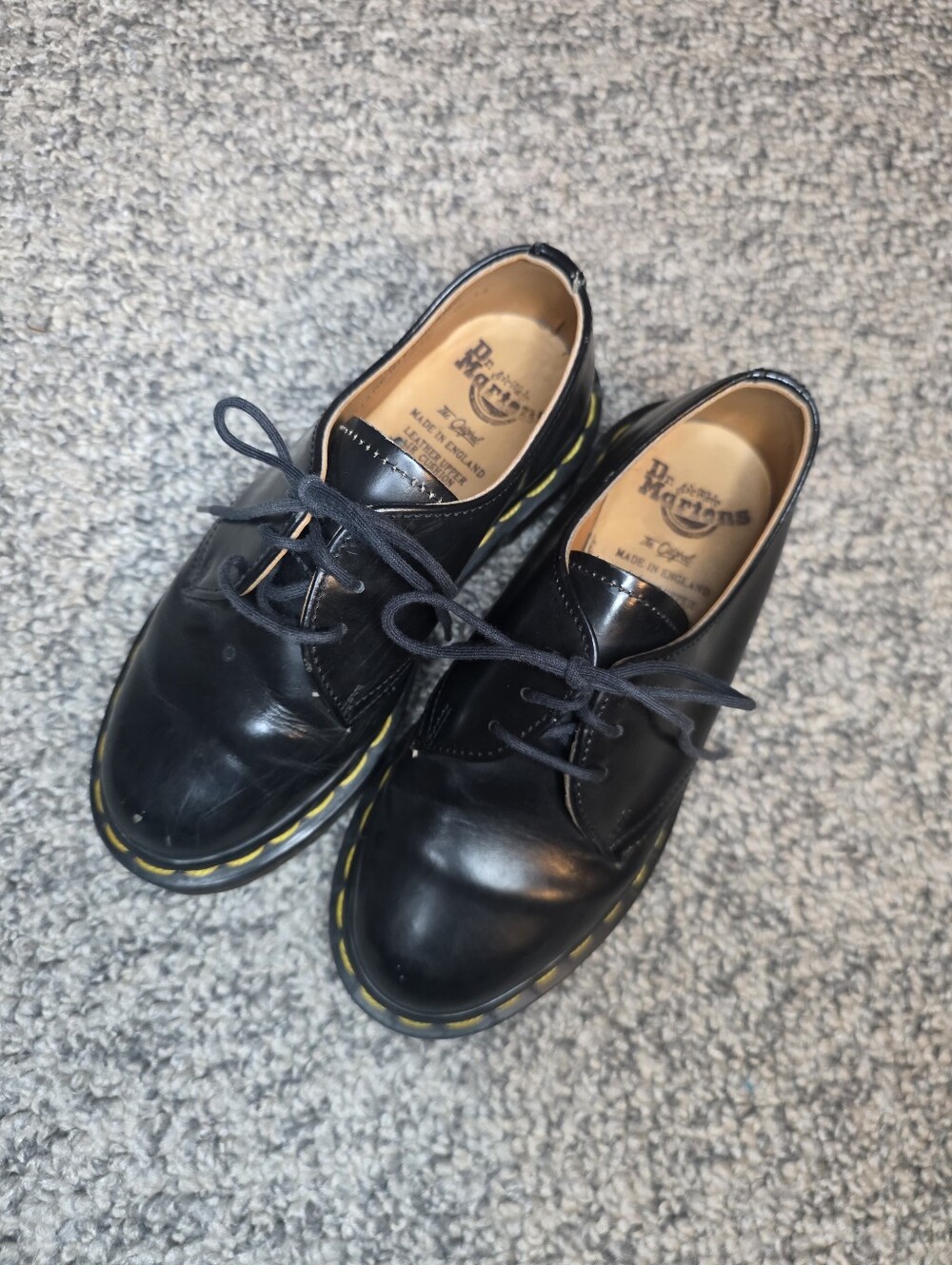 Kids Doc Martens Black Leather 3-Eye Lace-Up Oxfords with Yellow Stitching